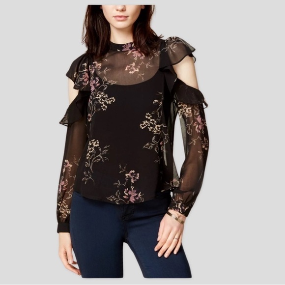 ASTR The Label Chantelle Sheer Cold-Shoulder Floral Blouse Top Size S - Picture 1 of 5